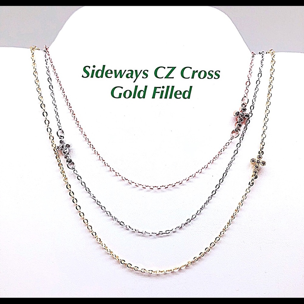 CZ Sideways Tiny Cross Necklace Yellow, Rose, White Gold Filled NWT, Gift Box